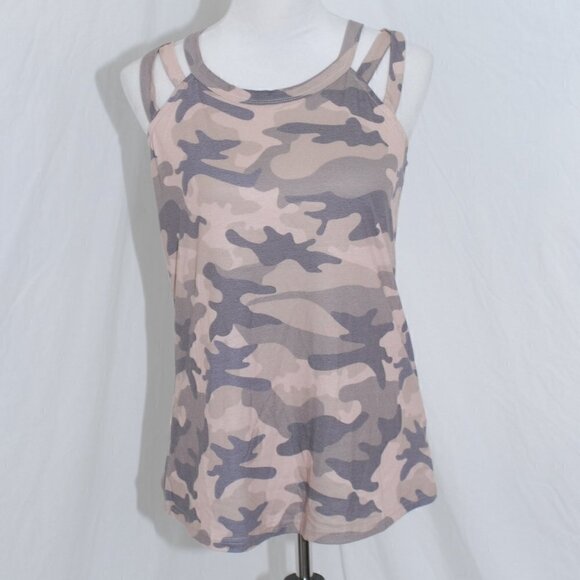 Peekaboo Shoulders Camo Tank Top Womens Small Multi Strap Tan Gre - Picture 1 of 5
